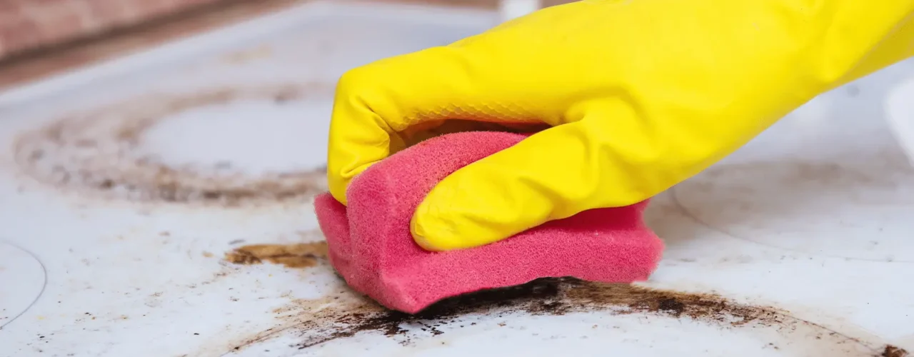 A person wearing yellow rubber gloves cleaning a dirty hob with a pink sponge