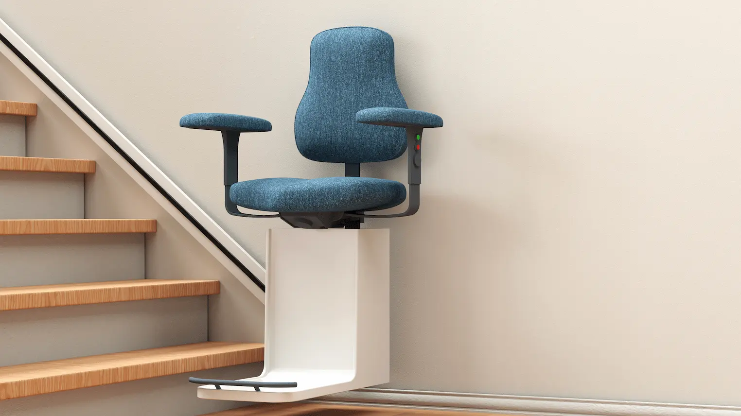 A stairlift with a blue chair, going up a wooden staircase