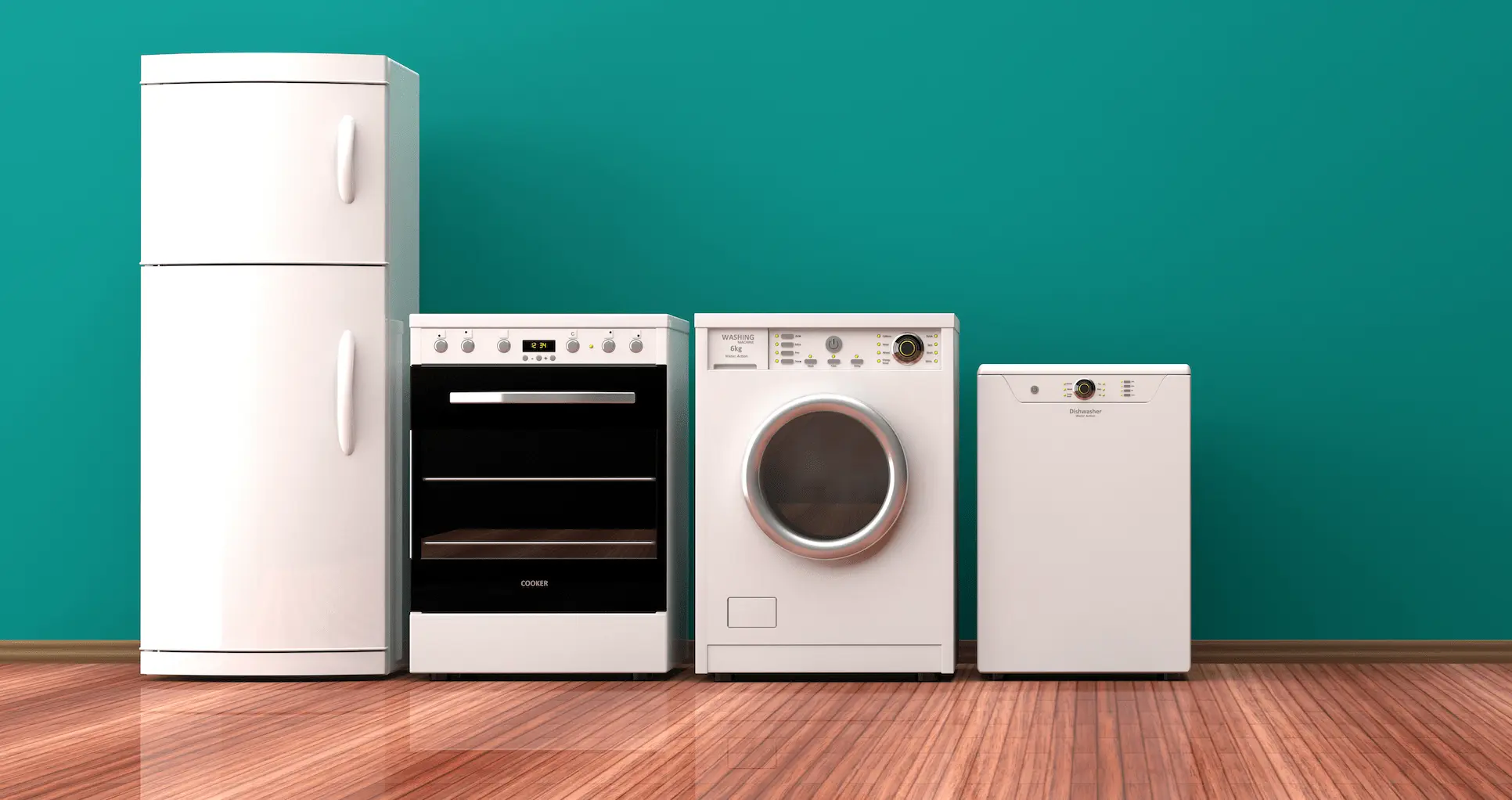 A row of white appliances for rental property including a fridge, oven, washing machine and dishwasher