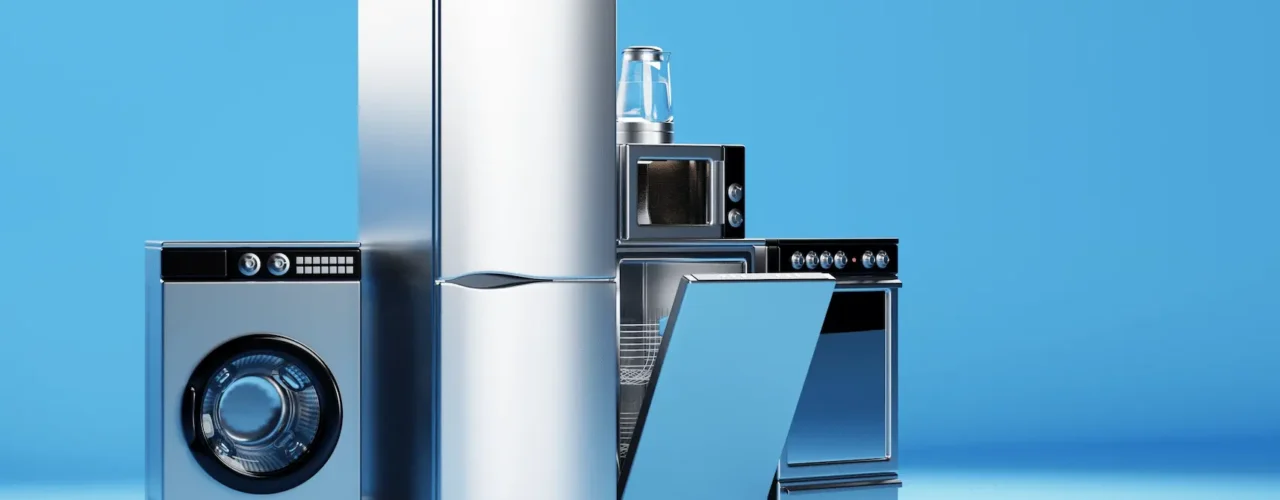 Kitchen appliances such as a fridge, oven and dishwasher with a blue background