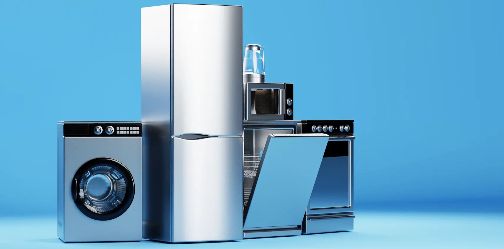 Kitchen appliances such as a fridge, oven and dishwasher with a blue background