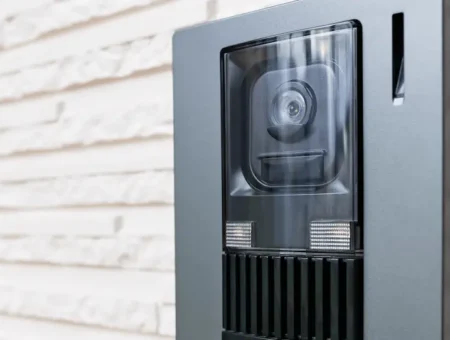 A door intercom with a camera acting as a rental property security camera