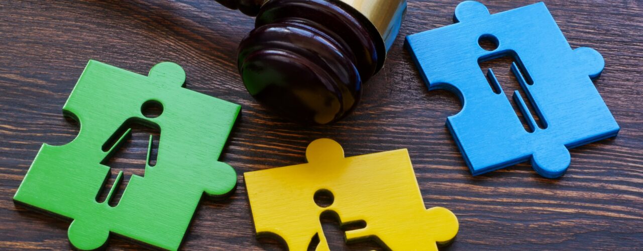 An image of a gavel and jigsaw pieces with outlines of people in a wheelchair