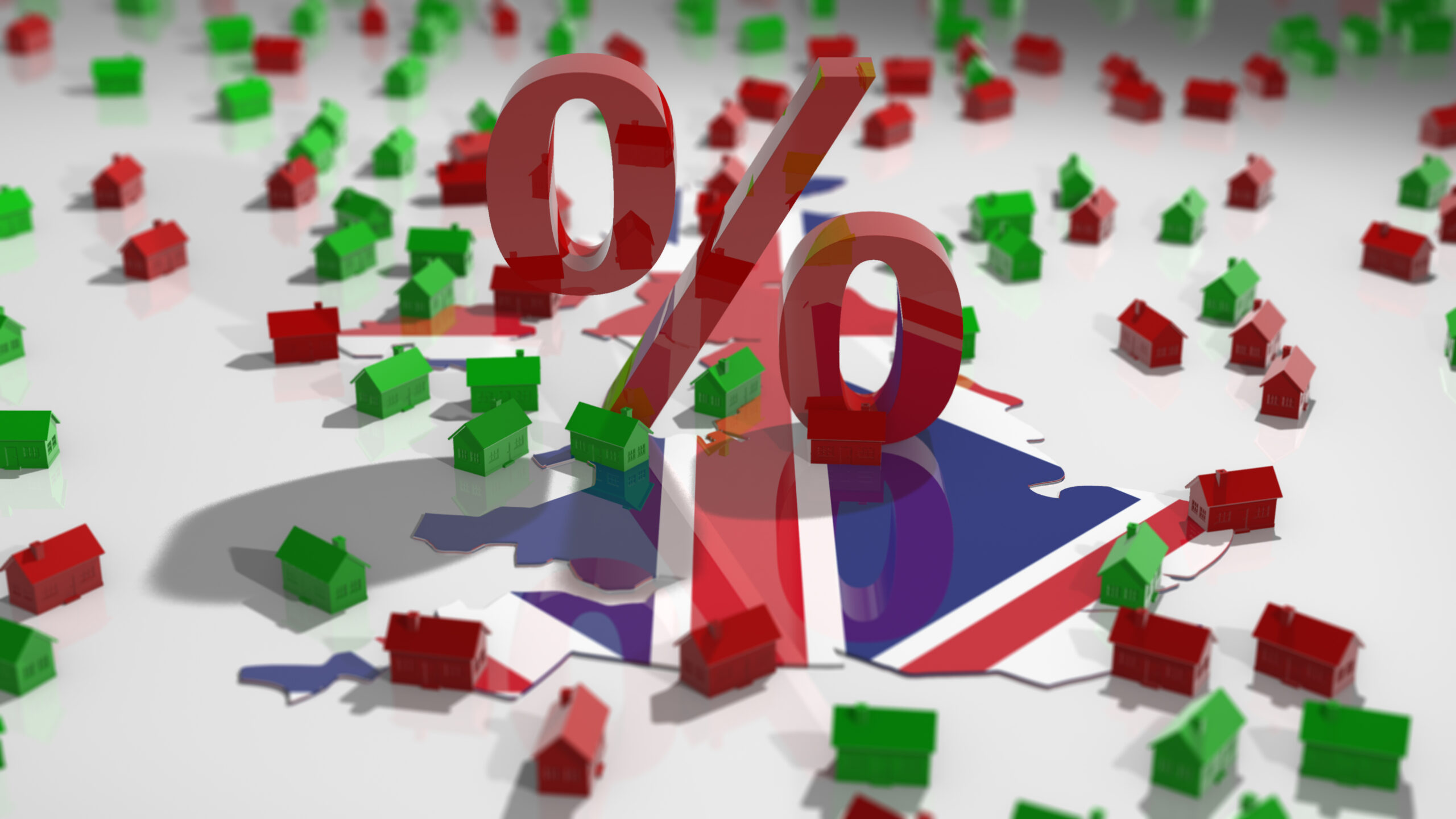 An image of the British flag with a percentage isgn on top of it with monopoly houses scattered across it