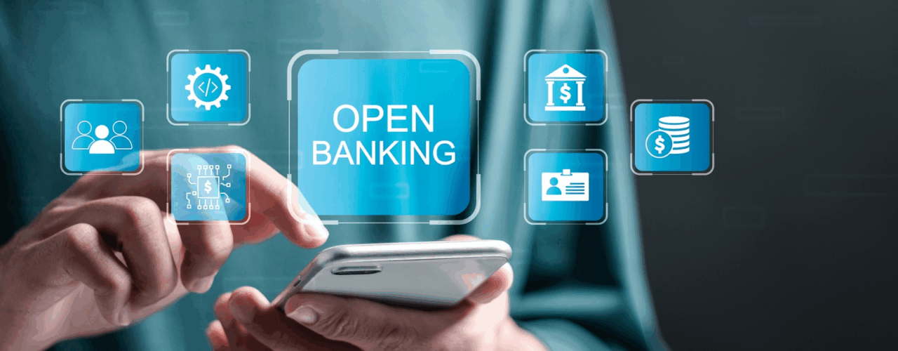 Open banking financial technology fintech concept. Person use smartphone with virtual screen of open banking icon. api financial technology, fintech.