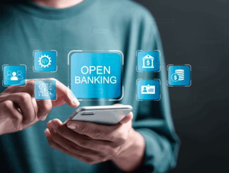 Open banking financial technology fintech concept. Person use smartphone with virtual screen of open banking icon. api financial technology, fintech.
