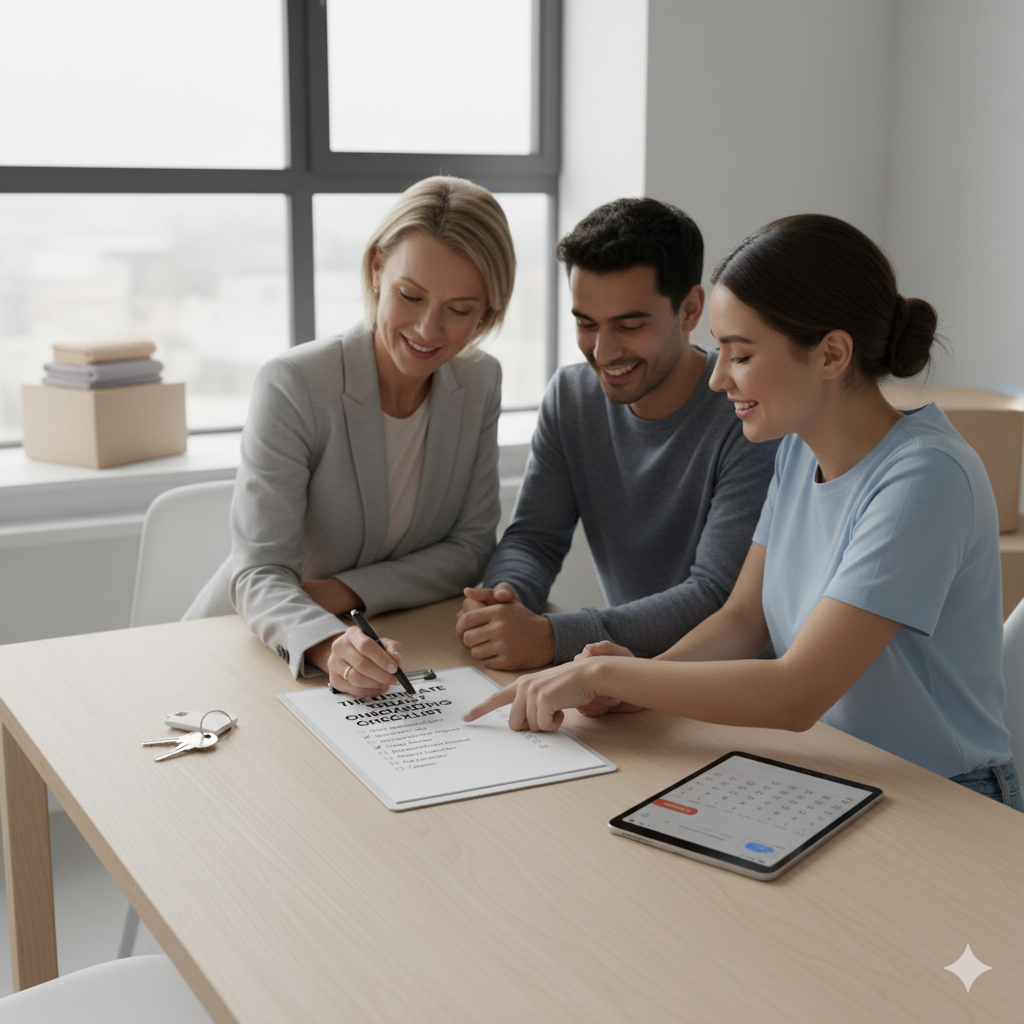 A landlord sitting with tenants during the onboarding process