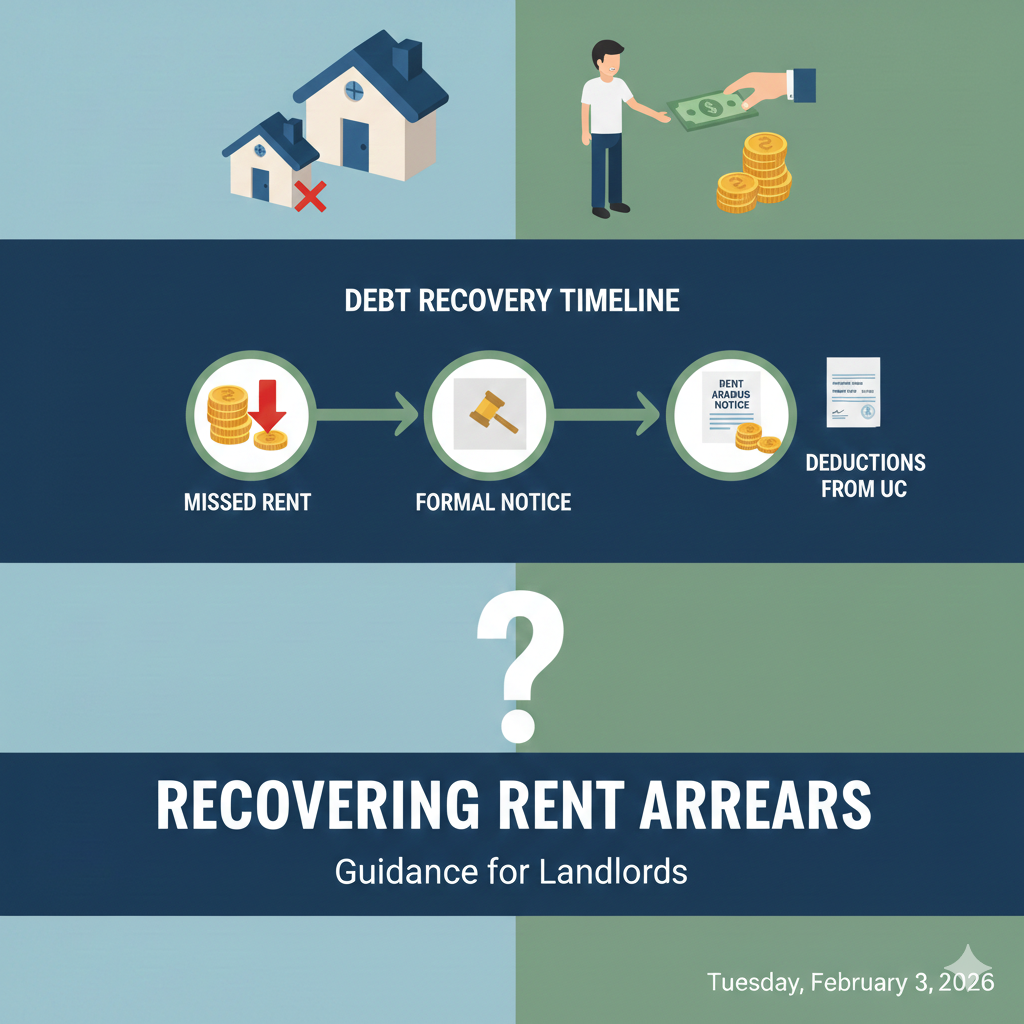 An infographic that says 'recovering rent arrears', showing the process of how landlords can recover rent arrears