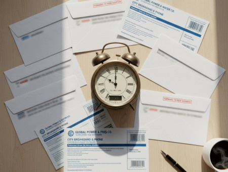An image of mail surrounding a clock
