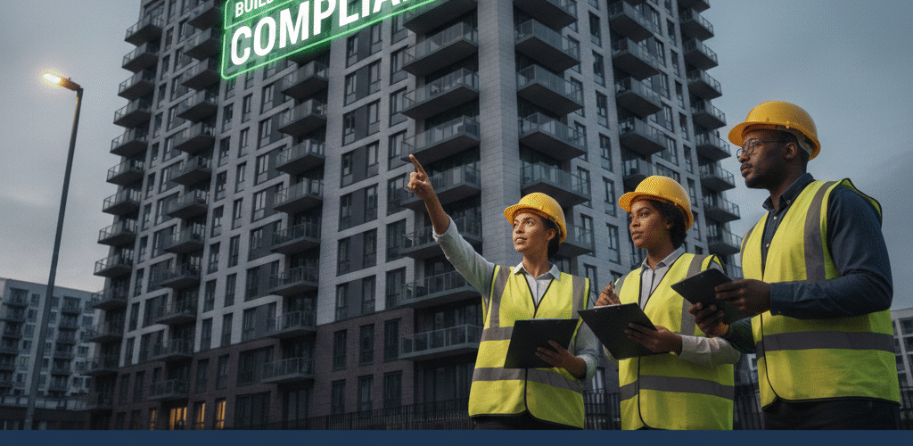 An image of people standing in front of a high rise building with the titled 'building and safety act 2022 compliant'