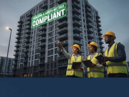 An image of people standing in front of a high rise building with the titled 'building and safety act 2022 compliant'