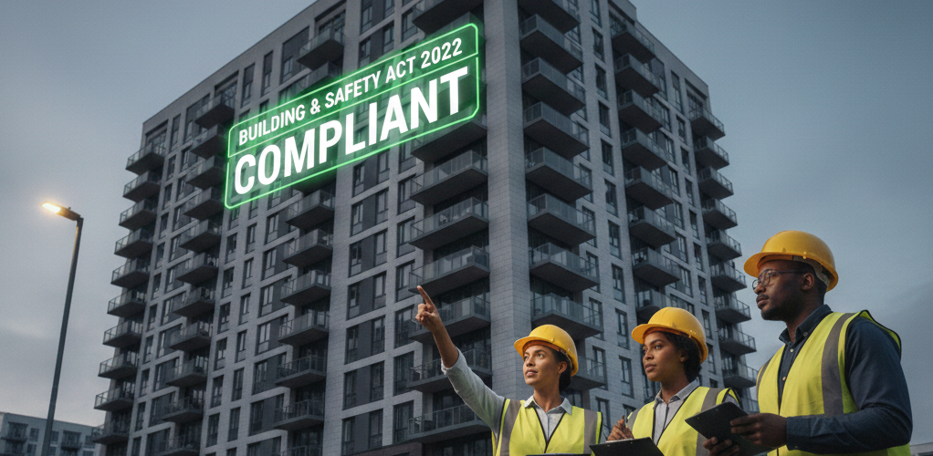 An image of people standing in front of a high rise building with the titled 'building and safety act 2022 compliant'