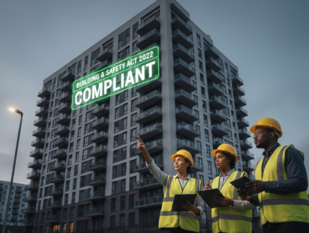 An image of people standing in front of a high rise building with the titled 'building and safety act 2022 compliant'