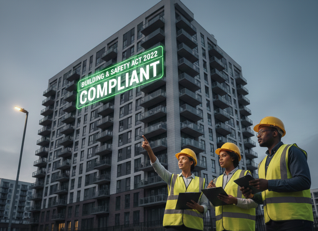 An image of people standing in front of a high rise building with the titled 'building and safety act 2022 compliant'